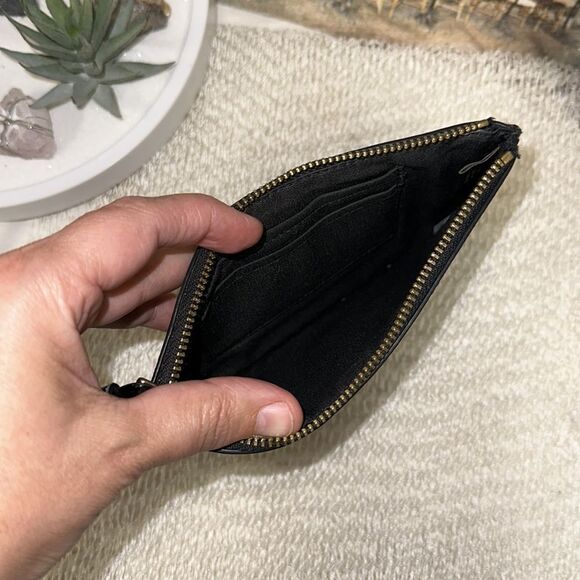 Coach Small Black Crossgrain Leather Gold Tone LogoโZip Wristlet Wallet - Picture 8 of 10